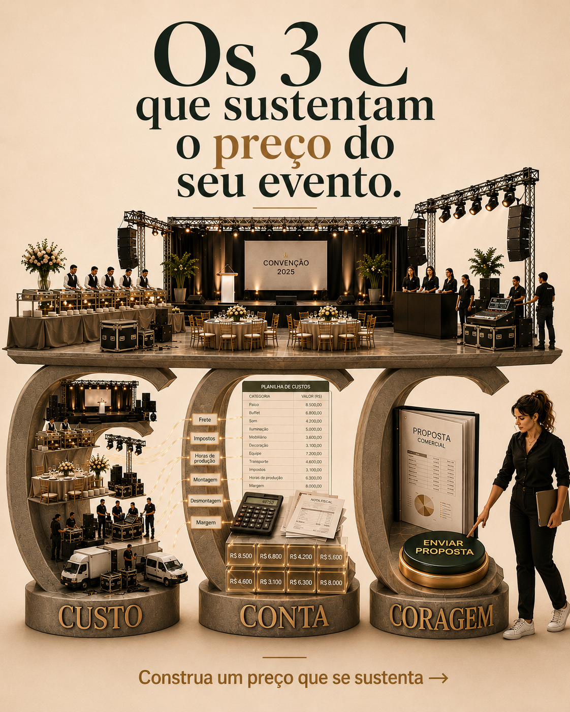 Os 3 C que sustentam o preço do seu evento: Custo, Conta e Coragem.