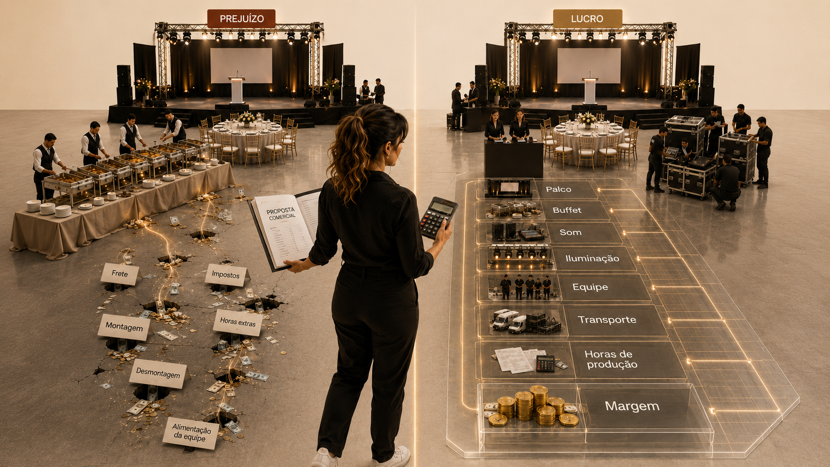 Comparação visual entre evento com prejuízo e evento com lucro, mostrando custos organizados.