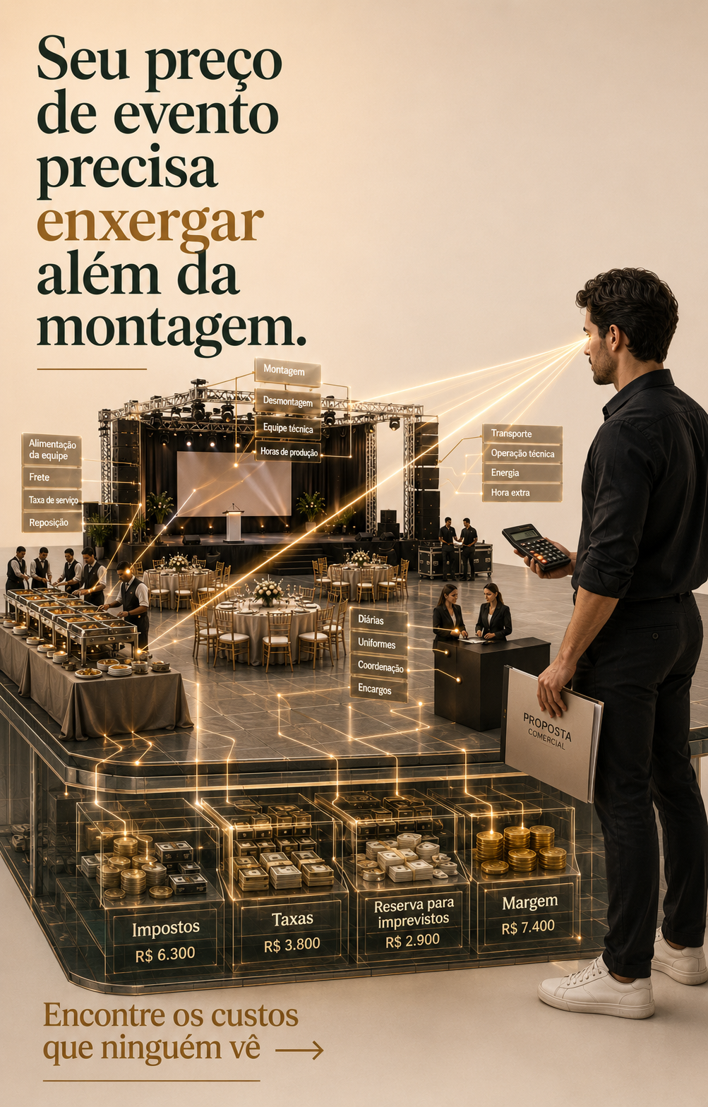 Mapa visual de custos de evento com montagem, equipe, impostos, taxas e margem.
