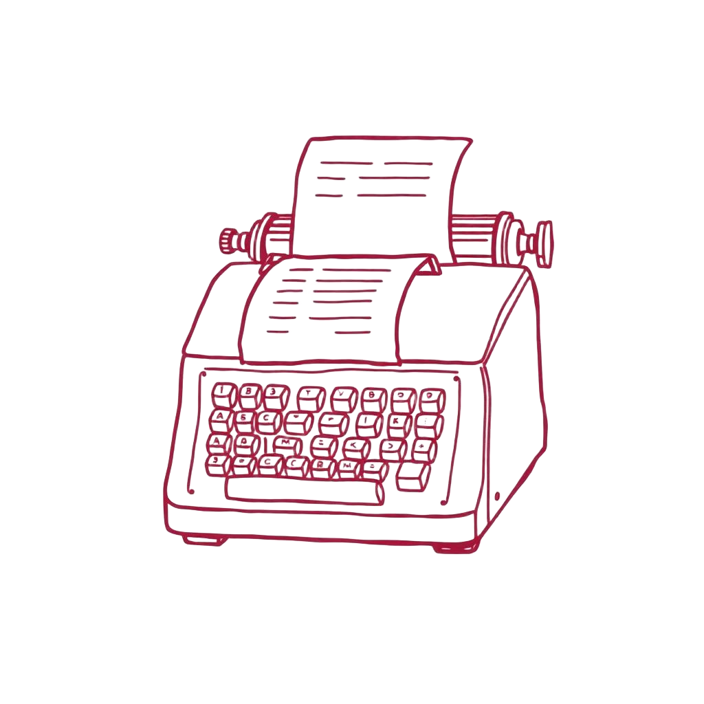 Ilustração em traço fino de uma calculadora mecânica com bobina de papel.