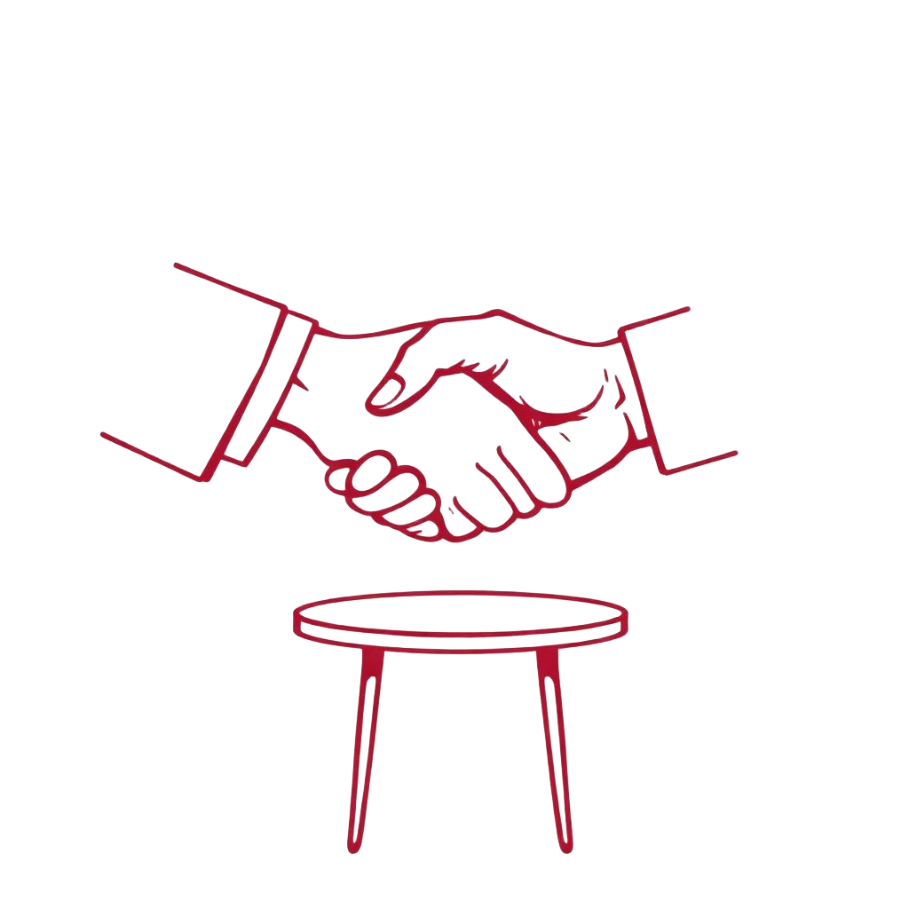 Ilustração em traço fino de um aperto de mãos firme sobre uma mesa.